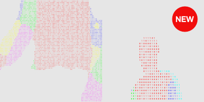 Binary body representation created with 0xB0DY-BIT6. Colorful numeric patterns (0s and 1s) form a human silhouette with different body parts highlighted in distinct colors — torso in red, limbs in yellow, green, blue, and magenta — demonstrating the tool's AI segmentation capabilities.