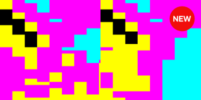 A camera-feed image rendered as a grid of rectangular colour blocks, demonstrating 0xB1T T1L3S in Neon style, with wide horizontal tiles posterised to cyan, magenta, yellow, and black.
