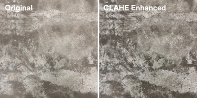 Side-by-side comparison demonstrating the Enhanced Image Processor's capabilities. The left panel labeled 'Original' shows a textured concrete or plaster surface with subtle variations in gray tones. The right panel labeled 'CLAHE Enhanced' displays the same surface with significantly improved contrast and detail visibility, revealing intricate texture patterns and depth previously obscured in the original. This visual comparison illustrates the effectiveness of the CLAHE algorithm for image enhancement while preserving natural appearance.