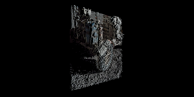 A black background with a dynamic 3D particle animation showing a fragmented image composed of small white and light blue dots. The particles appear to form a rectangular shape floating in space, with varying depths creating a sense of dimensionality and movement. The effect demonstrates Particle Nova's ability to transform 2D images into interactive 3D particle displays.