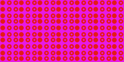 A vibrant repeating pattern of small red circles on a bright pink background. The circles are arranged in a grid-like structure, creating a bold and eye-catching geometric design.