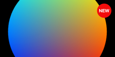 Circular gradient transitioning from blue to green, yellow, and red against a black background, with a red 'NEW' badge in the upper right corner.